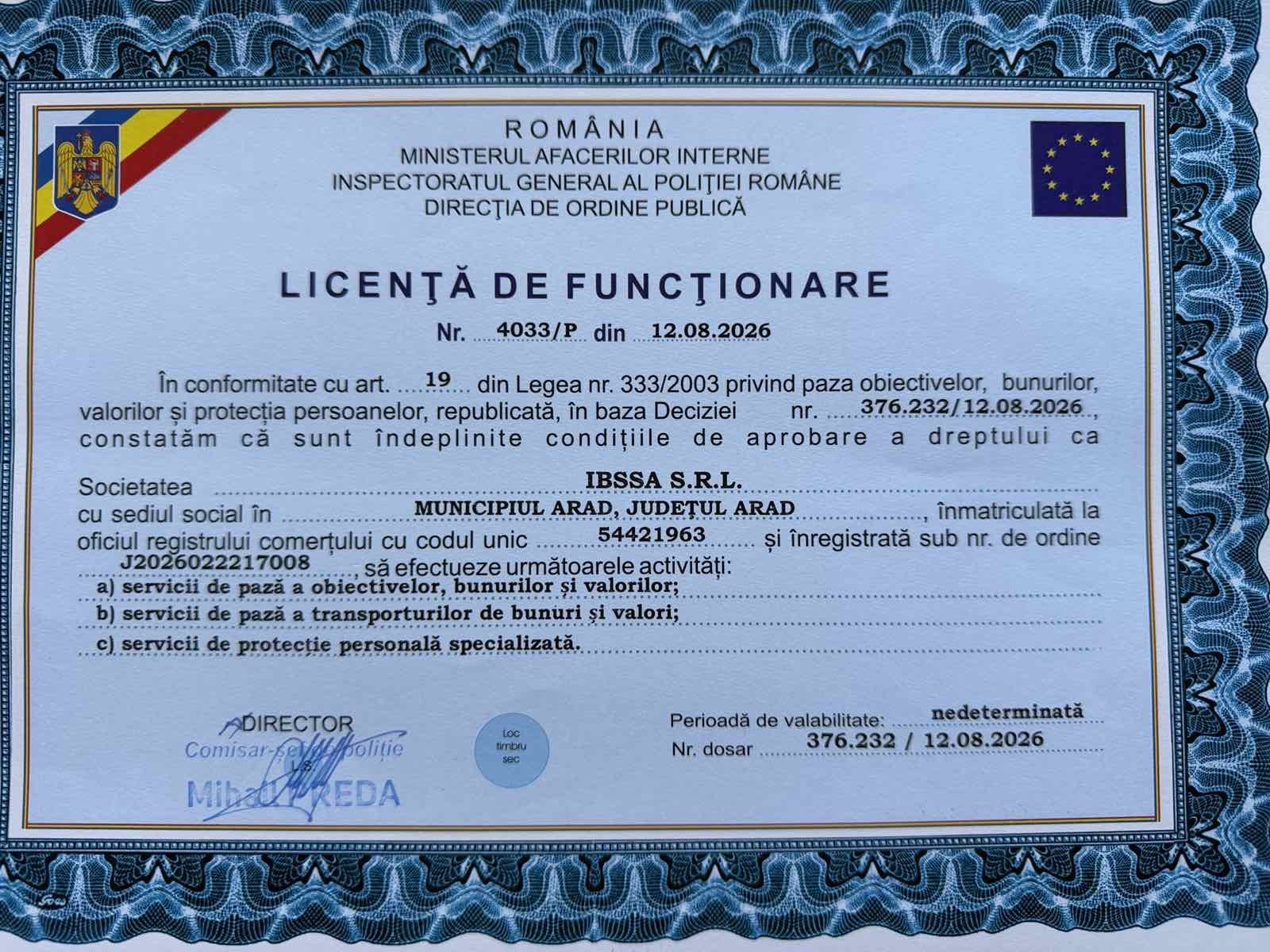 Licența de funcționare emisă de IGPR — Direcția de Ordine Publică